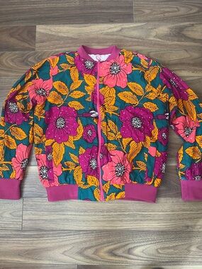 Women Floral Bomber Jacket in Pink & Teal Mustard Sparkle with Pocket Spring